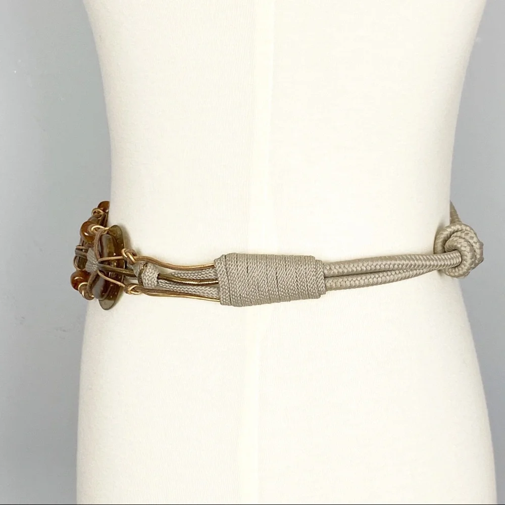 Gold-Plated Taupe Chunky Cord Belt With Glass Beading